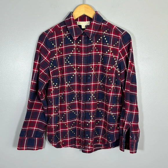 MICHAEL Michael Kors Tops - MICHAEL Michael Kors Studded Long Sleeve Button Down Flannel Women’s Size Large